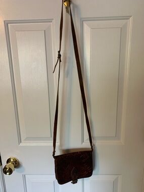 Tooled Brown Leather Crossbody Bag